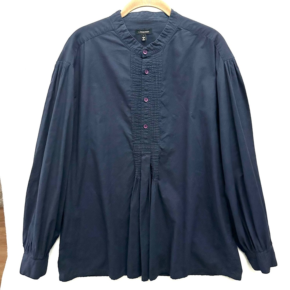 J. Peterman Mens Large L Otavalo Mountain Shirt Pleated Bib Band Collar Poet